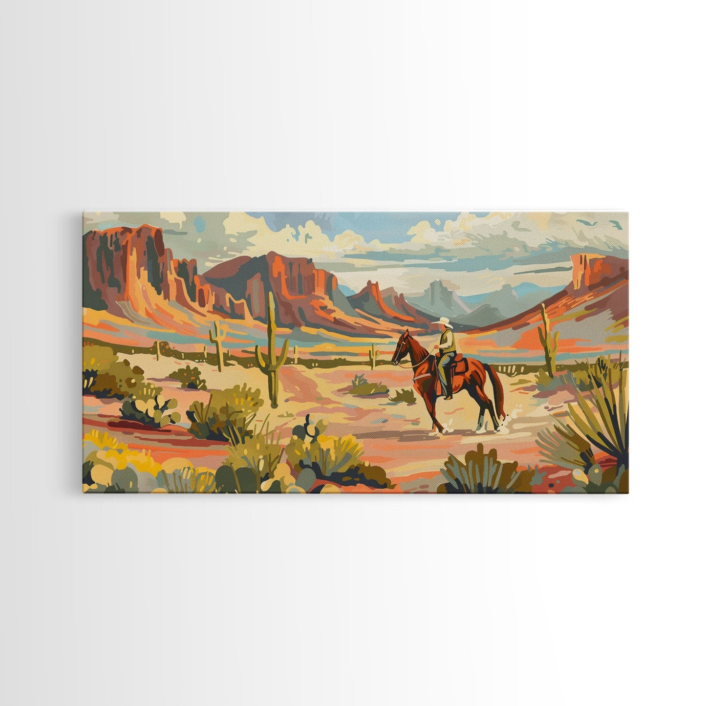 Serene Desert Scene with Cowboy, Ideal for Living Room Art, Framed Canvas Print, Bedroom Decor, Home Decoration, Southwestern Decor