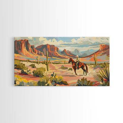 Serene Desert Scene with Cowboy, Ideal for Living Room Art, Framed Canvas Print, Bedroom Decor, Home Decoration, Southwestern Decor