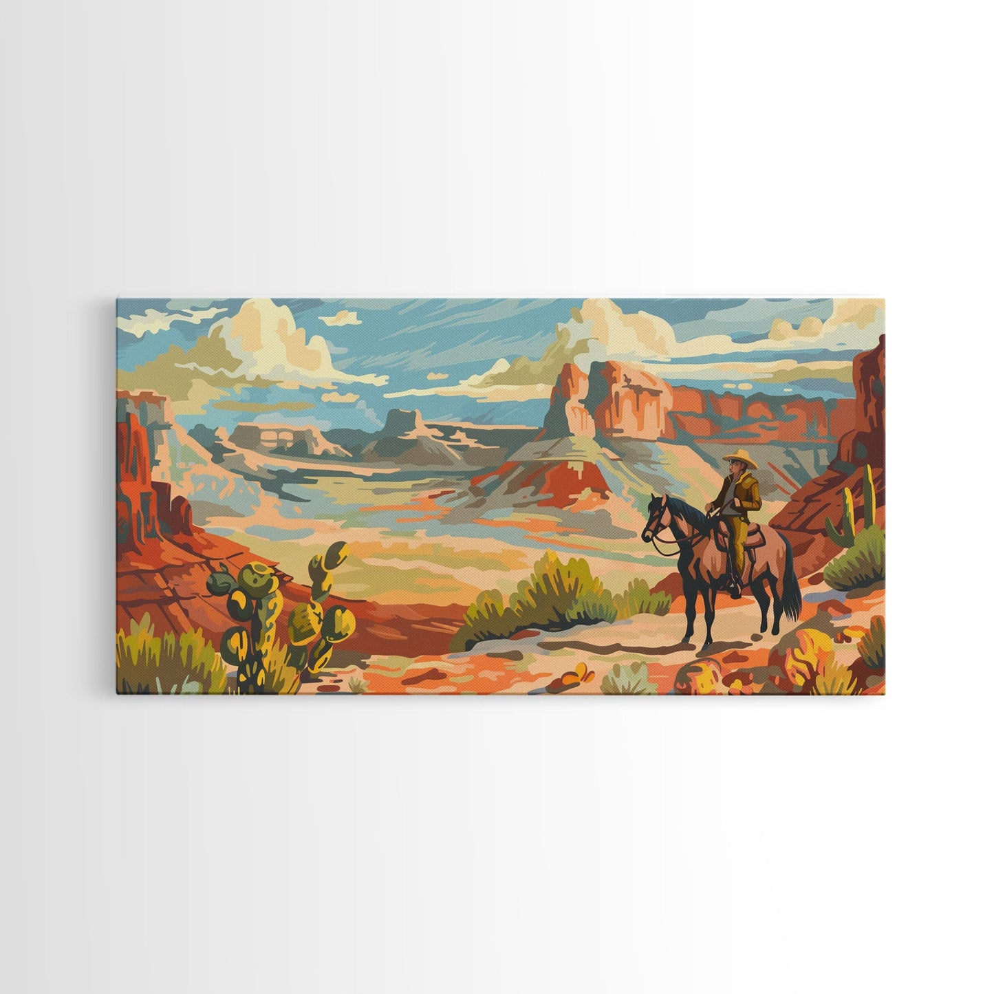Cowboy Riding through Canyon, Framed Canvas Print for Rustic Living Room Decor, Western Art for Home and Bedroom Decoration