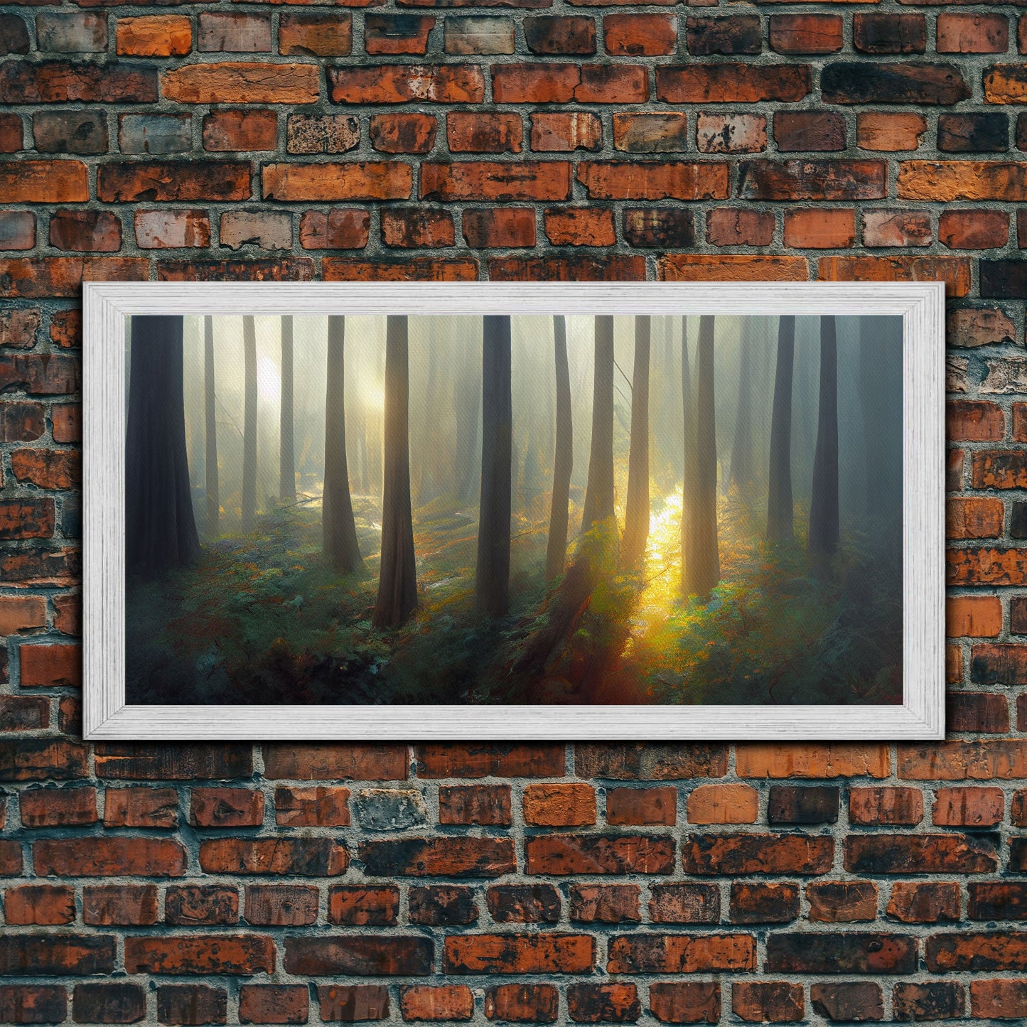 Canvas print of a forest floor at golden hour, watercolor painting print, cool living room or guest room wall art