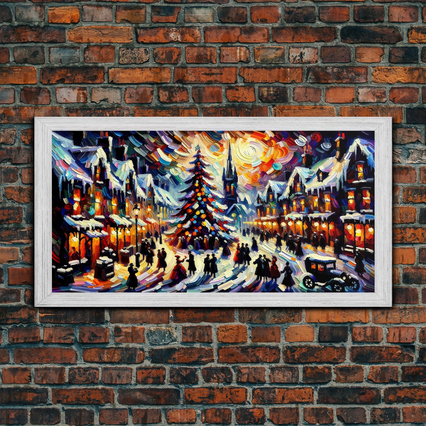 Retro Style Christmas Canvas Print | Framed Canvas Print | Christmas Village | Winter Wonderland | Impasto Style Painting | Seasonal Decor