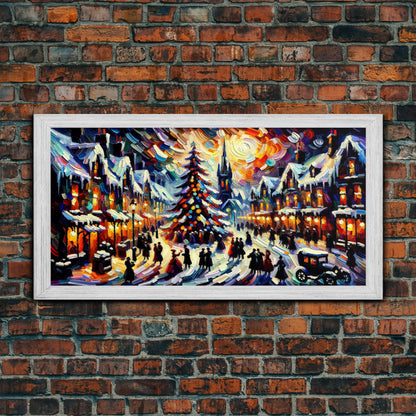 Retro Style Christmas Canvas Print | Framed Canvas Print | Christmas Village | Winter Wonderland | Impasto Style Painting | Seasonal Decor