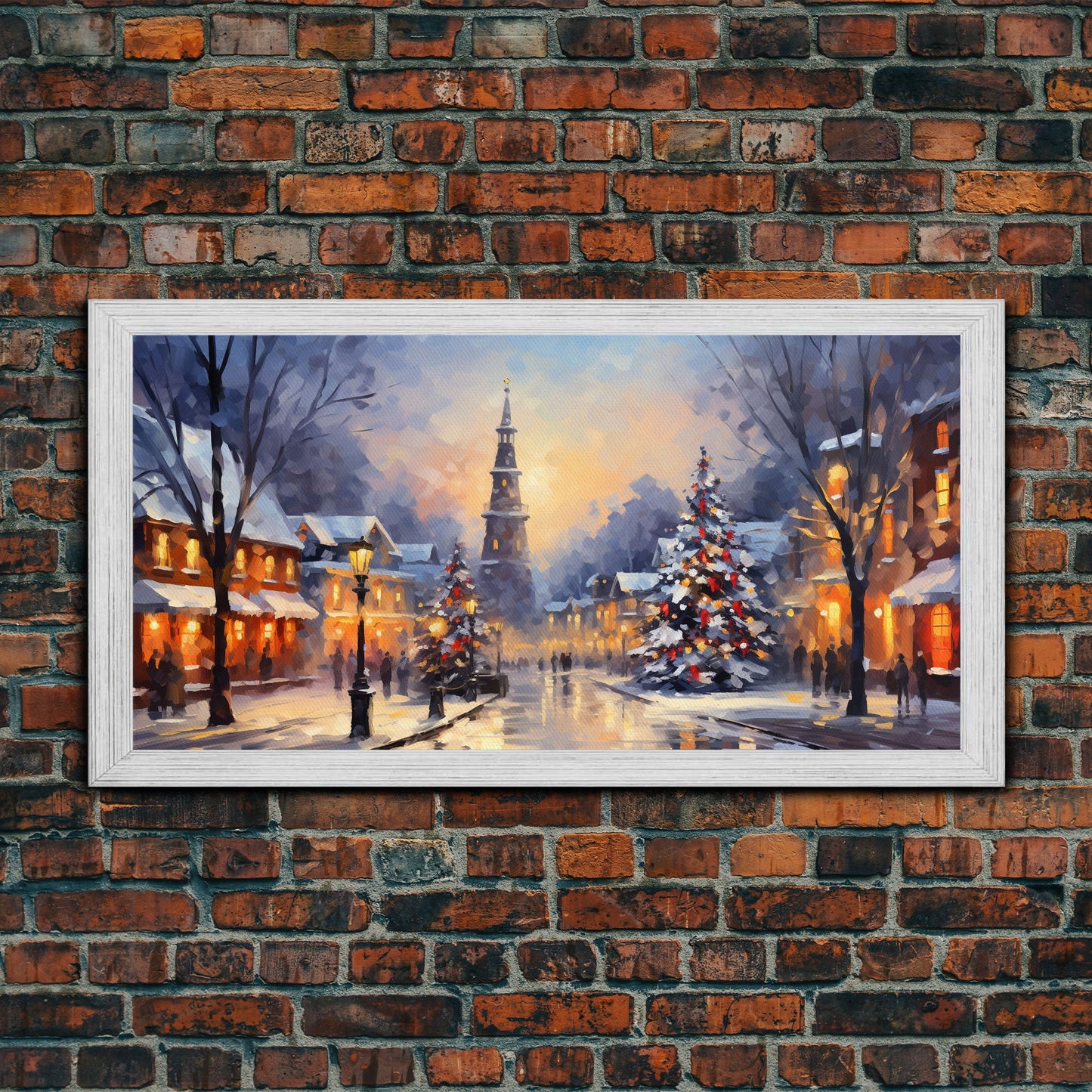 Christmas Centerpiece Wall Art - Framed Canvas Print - Winter Wonderland Victorian Village Decorated for Christmas Canvas Wall Art