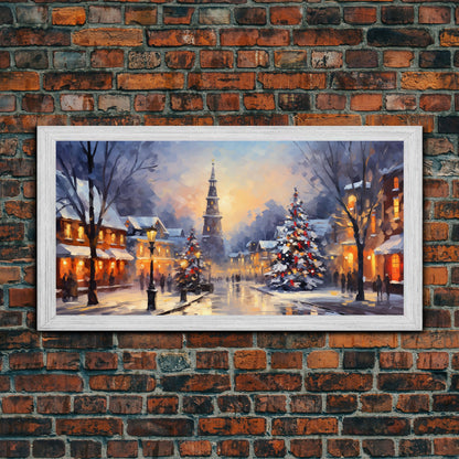 Christmas Centerpiece Wall Art - Framed Canvas Print - Winter Wonderland Victorian Village Decorated for Christmas Canvas Wall Art