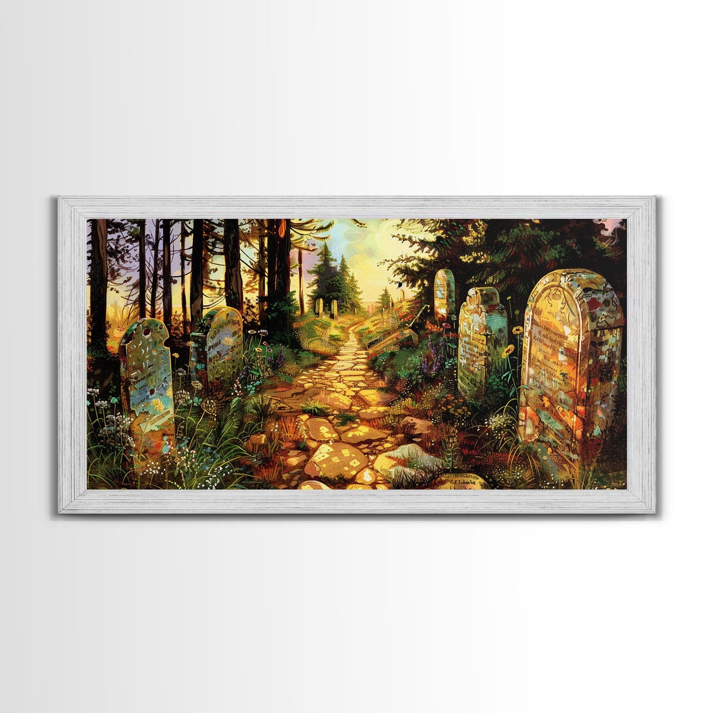 Haunted Cemetery In The Springtime, Framed Canvas Print, Colorful Halloween Decor, Halloween Wall Art