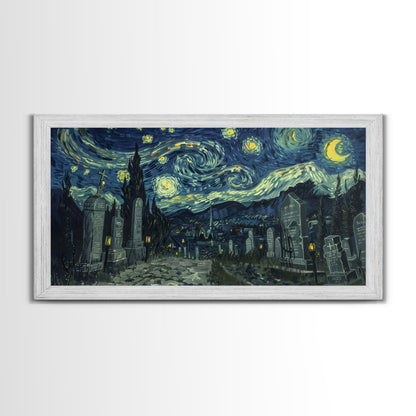 Haunted Graveyard Framed Canvas Print, Starry Night Van Gogh Inspired Halloween Decor, Spooky Vibes Halloween Gift