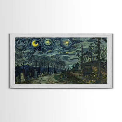 Haunted Graveyard Framed Canvas Print, Starry Night Van Gogh Inspired Halloween Decor, Spooky Vibes Halloween Gift