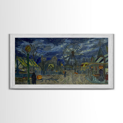 Spooky Haunted Carnival, Framed Canvas Print, Starry Night Inspired Spooky Season Wall Art, Halloween Prop