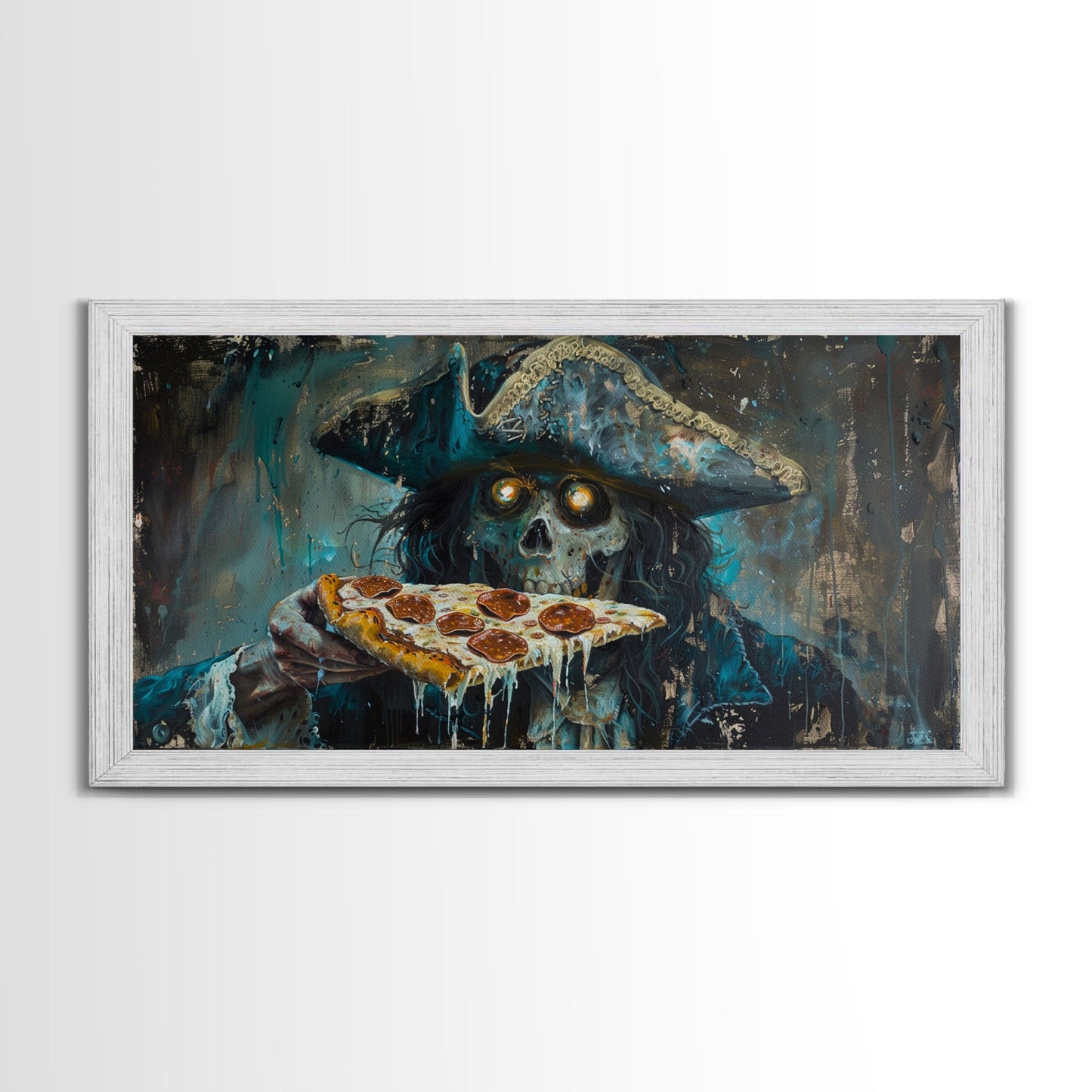 Spooky Pizza Pirate, Framed Canvas Print, Ghostly Pirate Havin a Slice of Pizza, kinda funny idk