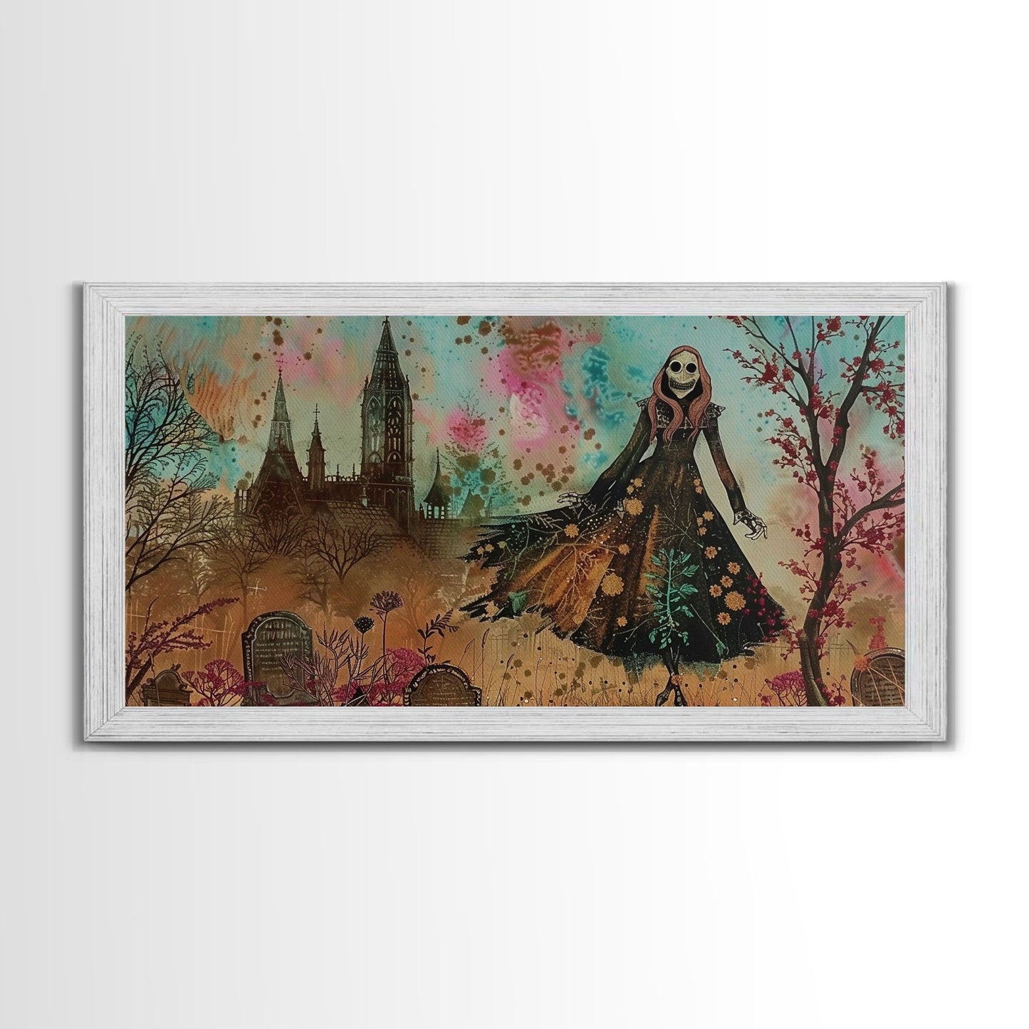 Grinning Banshee In A Cemetery Framed Canvas Print - Spooky Wall Art - Halloween Decor
