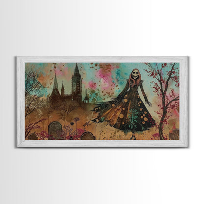 Grinning Banshee In A Cemetery Framed Canvas Print - Spooky Wall Art - Halloween Decor