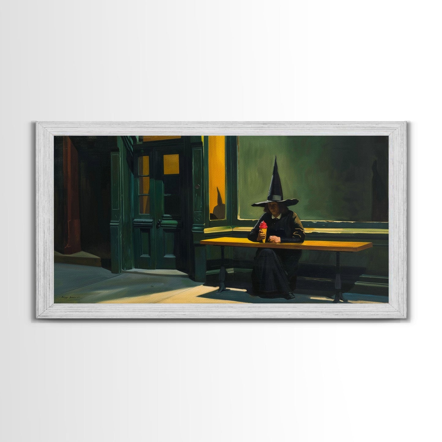 Sad Witch Having an Ice Cream Cone, Funny Halloween Art, Framed Canvas Print, Liminal Art