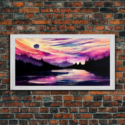 Beautiful lake at night canvas print, purple and pink sunset night sky, wall art canvas, lake front view, guest room, surreal Lakehouse Art