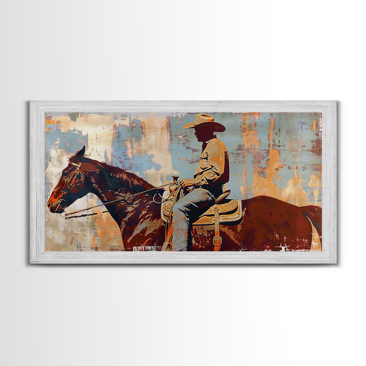 Cowboy on Horseback, Textured Background, Modern Living Room Art, Framed Canvas Print, Rustic Home Decoration, Boho Wall Art
