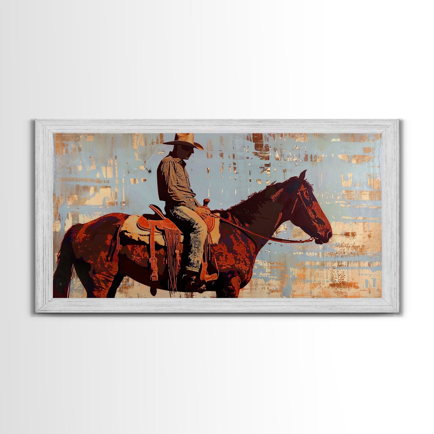 Cowboy on Horse with Rustic Background, Stunning Wall Art, Framed Canvas Print, Boho Bedroom Decor, Western Home Decoration