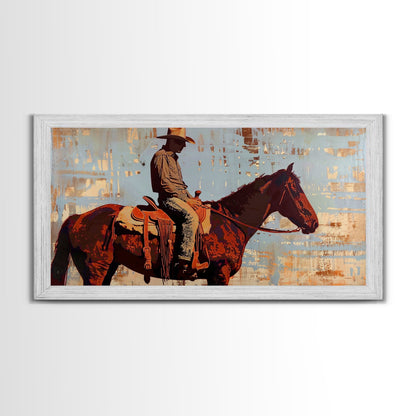 Cowboy on Horse with Rustic Background, Stunning Wall Art, Framed Canvas Print, Boho Bedroom Decor, Western Home Decoration