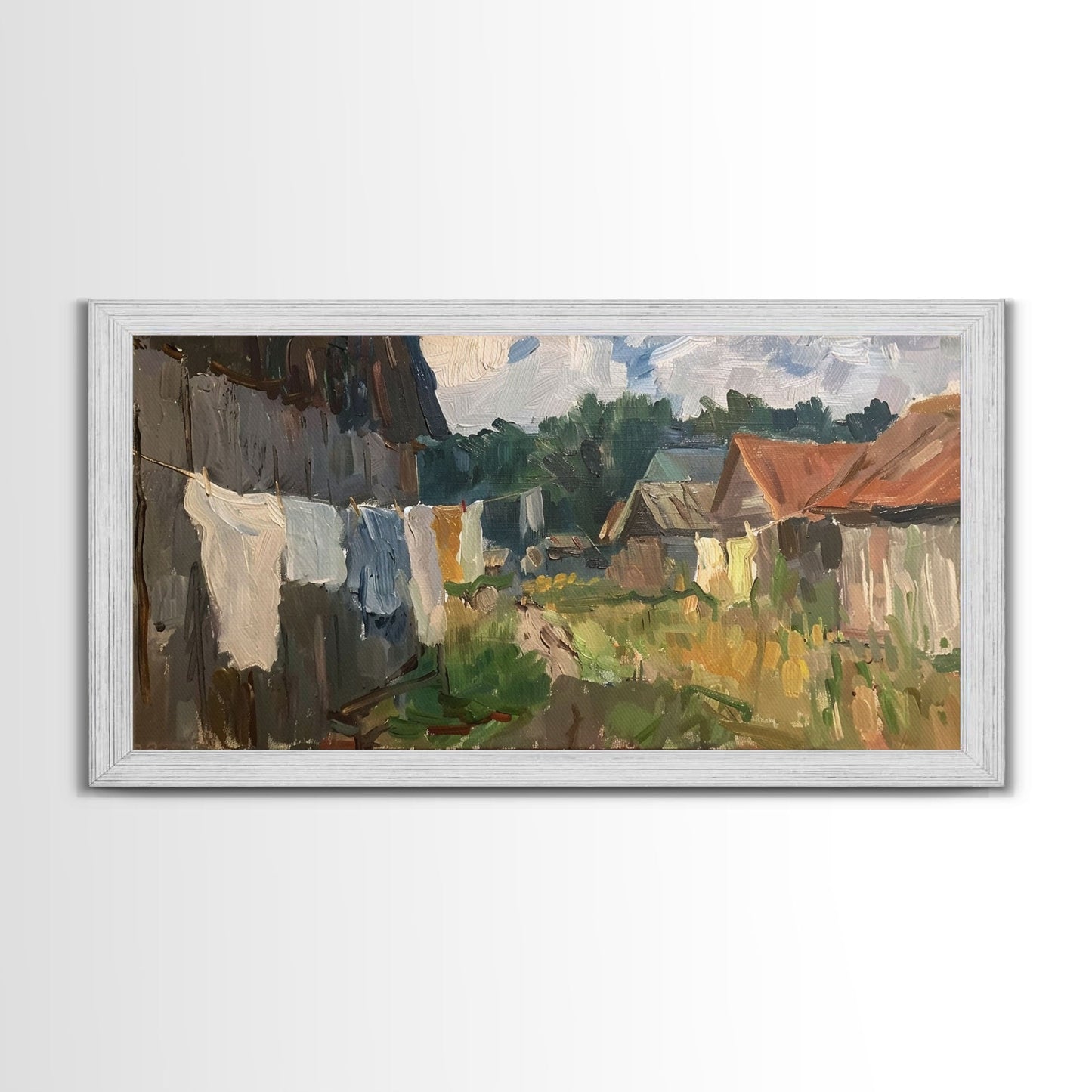 Rustic Farmyard with Laundry, Framed Canvas Print, Farmhouse Wall Art, Living Room Decor, Country Style, Outdoor Scene