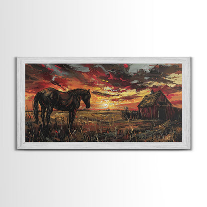 Dark Horse at Sunset with Barn, Stunning Abstract Art, Framed Canvas Print, Boho Wall Art, Bedroom Decor, Unique Home Decoration