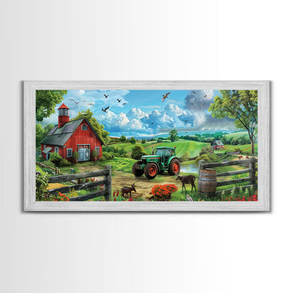 Green Tractor Near Red Barn in Countryside, Charming Farm Art, Framed Canvas Print, Country Living Room Decor, Wall Art