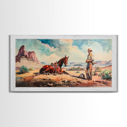 Cowboy and Horse in Desert Landscape, Rustic Farmhouse Art, Framed Canvas Print, Western Decor, Living Room Wall Art, Country Style