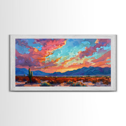 Road Through Desert at Sunset, Colorful Southwestern Art, Framed Canvas Print, Boho Wall Decor, Rustic Living Room Art, Desert Scene