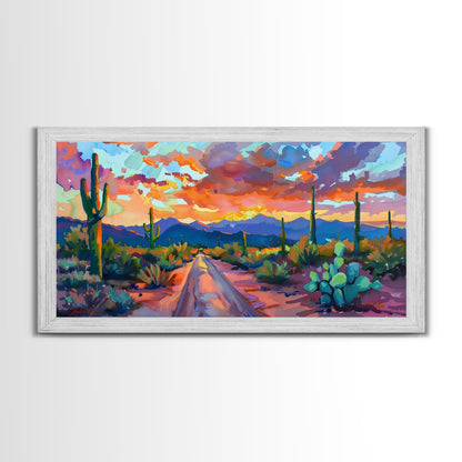 Cacti and Mountains Under Sunset Sky, Vibrant Southwestern Landscape Art, Framed Canvas Print, Boho Living Room Decor, Desert Scene