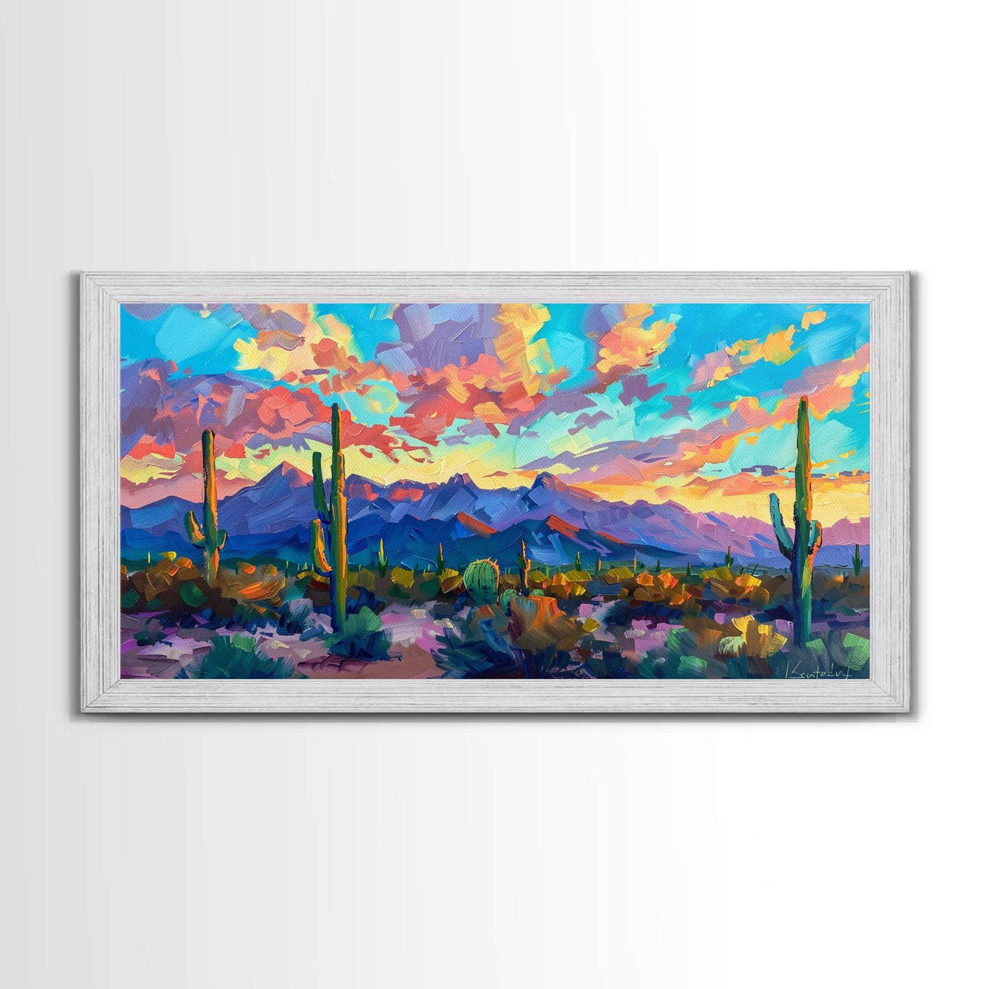 Expansive Desert Landscape at Sunset, Colorful Southwestern Art, Framed Canvas Print, Boho Living Room Wall Decor, Desert Scene