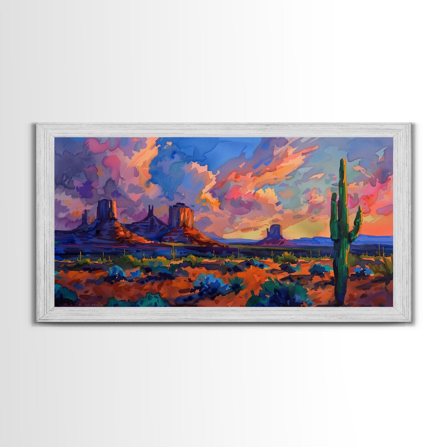 Radiant Mountain Sunset with Saguaro Cacti, Framed Canvas Print for Living Room Art, Perfect for Boho and Southwestern Decor