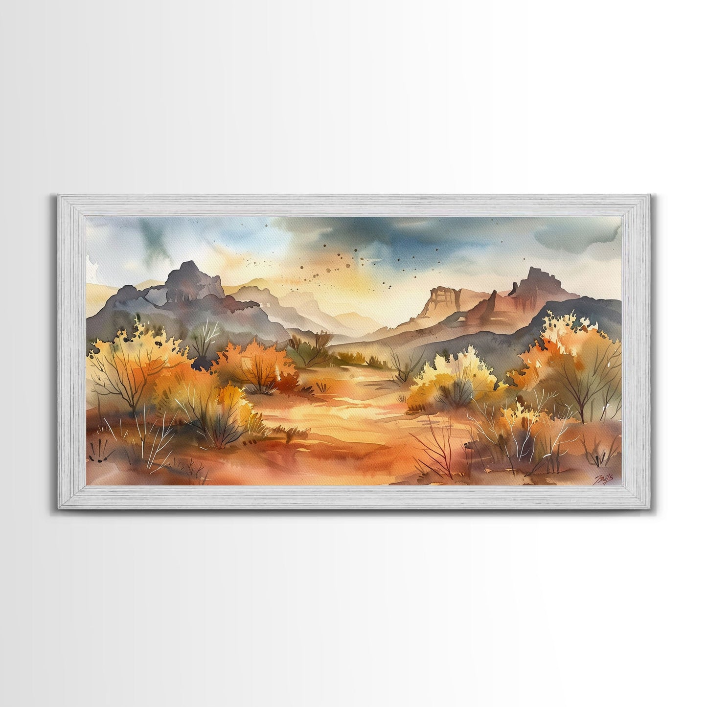 Serene Desert Landscape with Mountains and Sunlit Sky, Perfect Framed Canvas Print for Living Room, Boho Wall Art, Nature Decor