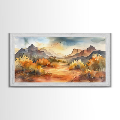 Serene Desert Landscape with Mountains and Sunlit Sky, Perfect Framed Canvas Print for Living Room, Boho Wall Art, Nature Decor