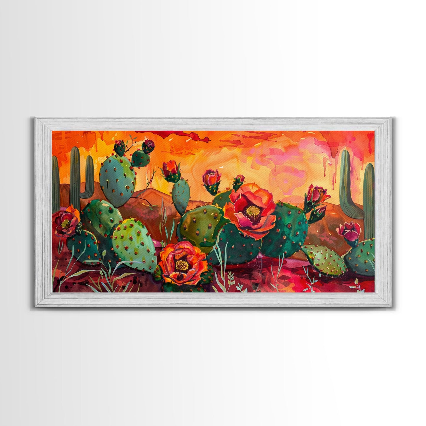Prickly pear cacti with vibrant blooms in desert scene, Framed Canvas Print, great for modern living room, boho wall decor