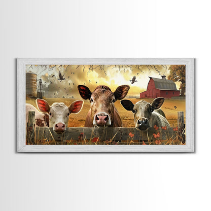Cute cows peeking through barn fence, Framed Canvas Print, ideal for farmhouse living room, country style wall art decor