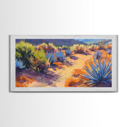 Desert Pathway with Vibrant Foliage, Perfect for Living Room Art, Framed Canvas Print, Bohemian Decor, Nature Inspired Wall Art