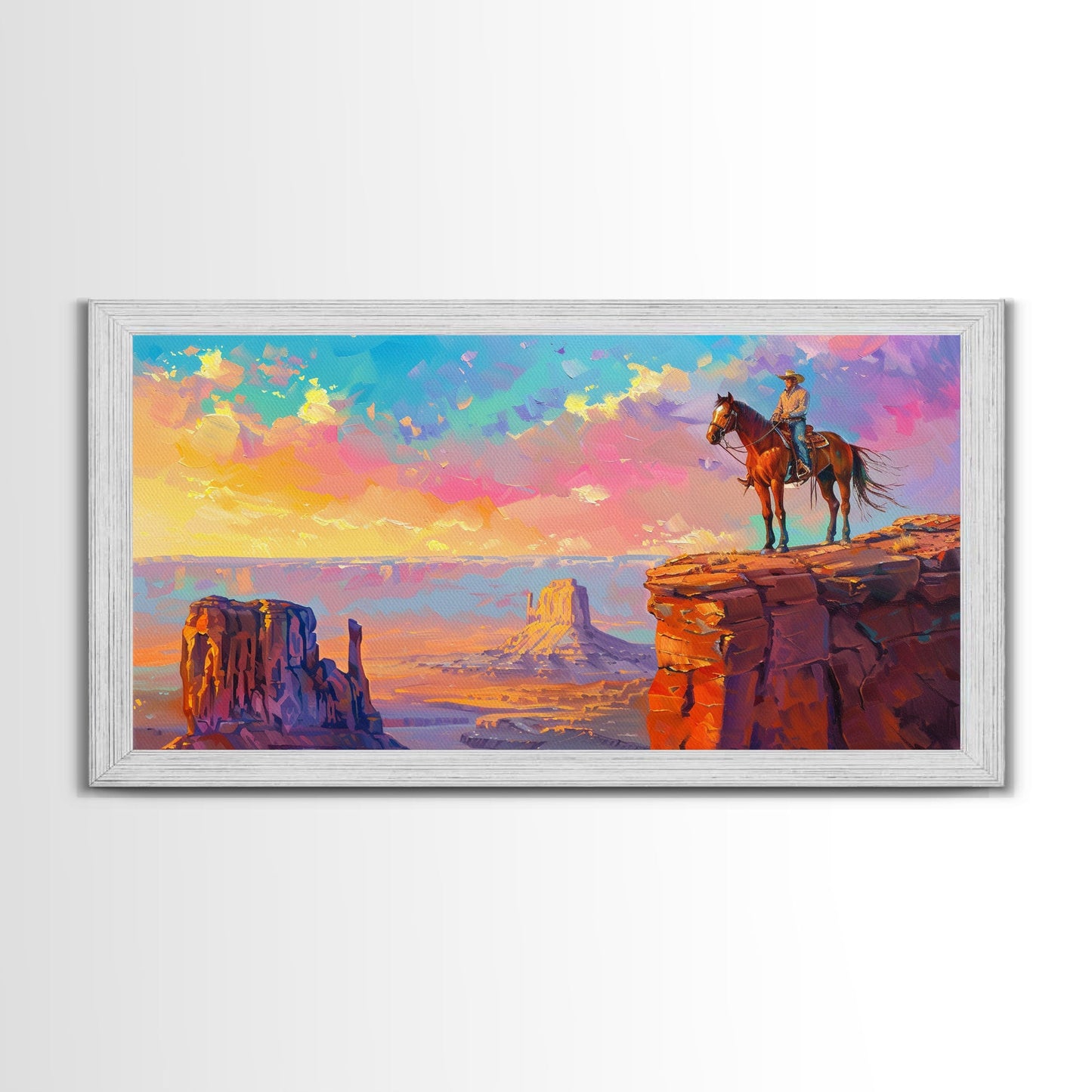 Cowboy Overlooking Monument Valley, Farmhouse Style Framed Canvas Print for Bedroom Wall Art, Rustic Home Decor, Scenic Western Landscape