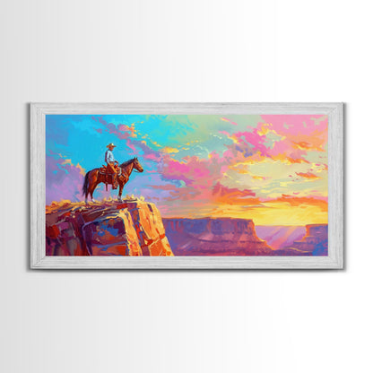 Cowboy Watching Sunset Over Canyon, Farmhouse Style Framed Canvas Print for Living Room Wall Art, Vibrant Home Decor, Western Landscape