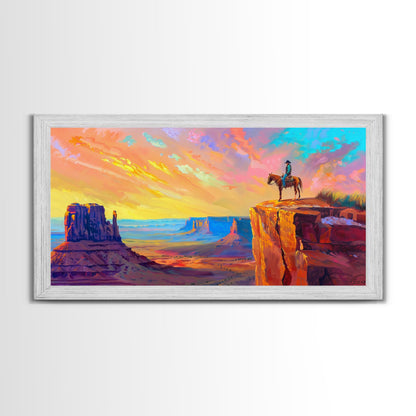 Cowboy with Horse on Cliff Edge, Farmhouse Style Framed Canvas Print for Living Room Wall Art, Vibrant Home Decor, Western Scenic Art