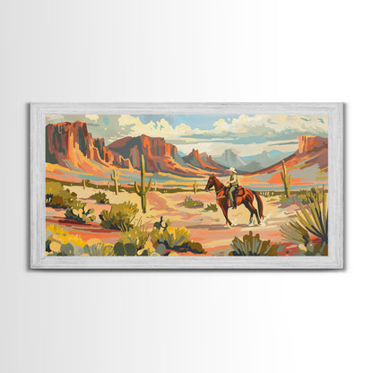 Serene Desert Scene with Cowboy, Ideal for Living Room Art, Framed Canvas Print, Bedroom Decor, Home Decoration, Southwestern Decor