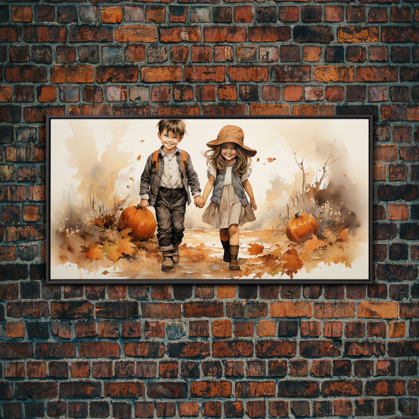 Boy And Girl Holding Hands, Fall Wall Decor, Canvas Print, Wall Hanging, Panoramic Art, Kids Wall Art, Nursery Wall Art, Gifts For Grandma