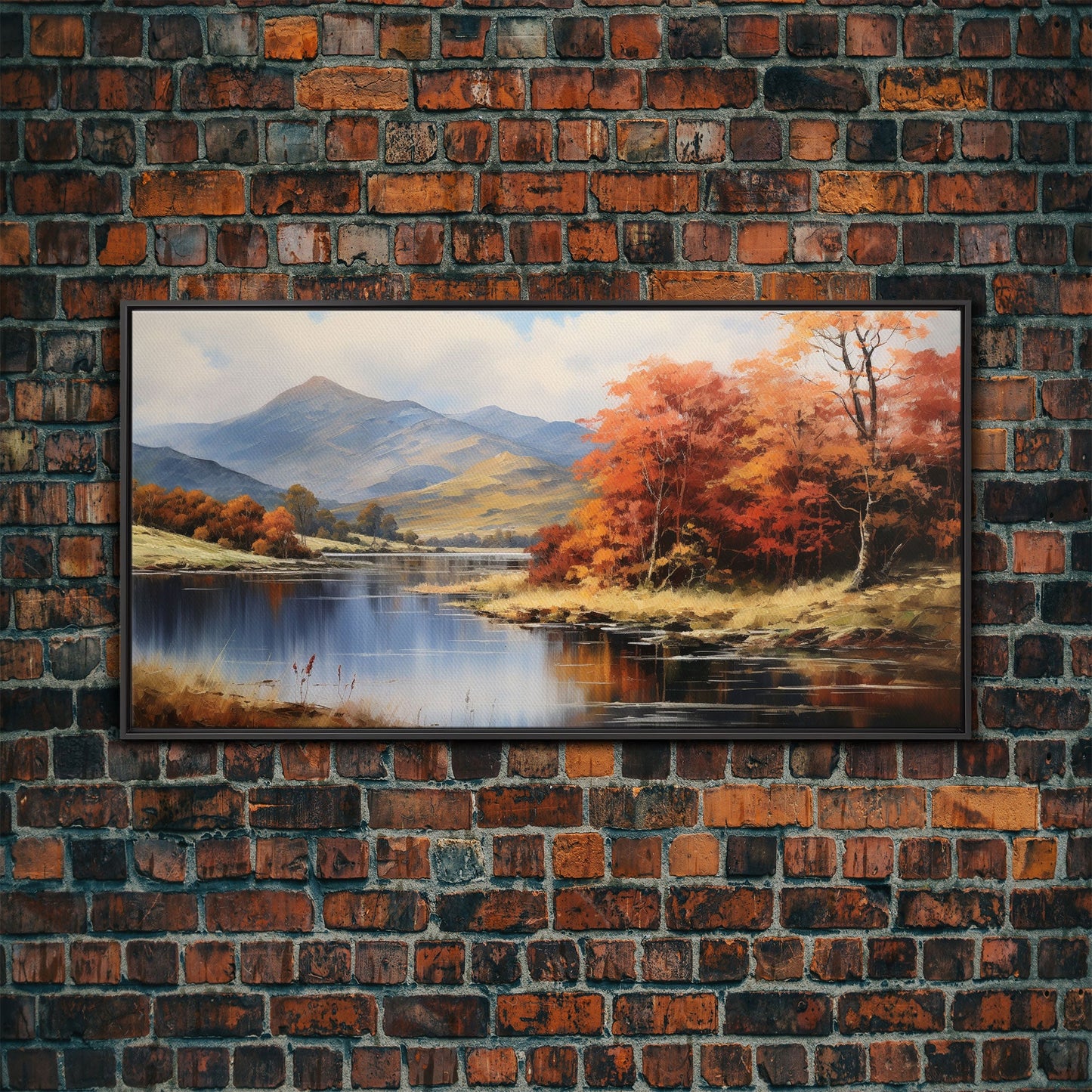 Autumn By The Lake, Framed Canvas Print, Original Landscape Painting, Fall Decor, Boho Minimalist Farmhouse Decor, Rustic Art