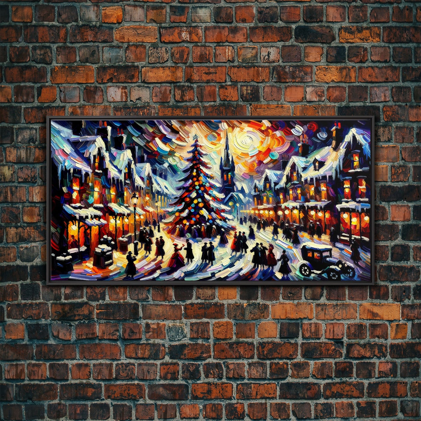 Retro Style Christmas Canvas Print | Framed Canvas Print | Christmas Village | Winter Wonderland | Impasto Style Painting | Seasonal Decor