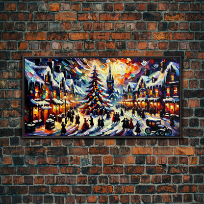 Retro Style Christmas Canvas Print | Framed Canvas Print | Christmas Village | Winter Wonderland | Impasto Style Painting | Seasonal Decor