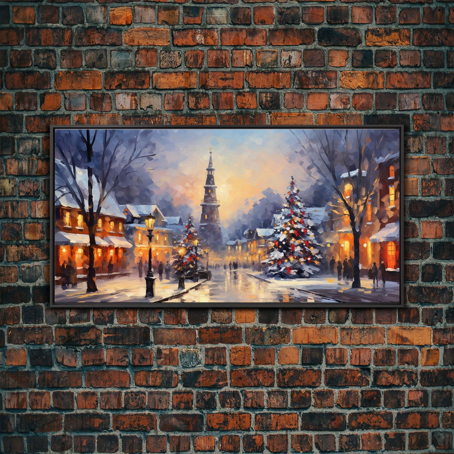 Christmas Centerpiece Wall Art - Framed Canvas Print - Winter Wonderland Victorian Village Decorated for Christmas Canvas Wall Art