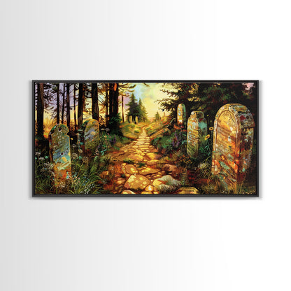 Haunted Cemetery In The Springtime, Framed Canvas Print, Colorful Halloween Decor, Halloween Wall Art