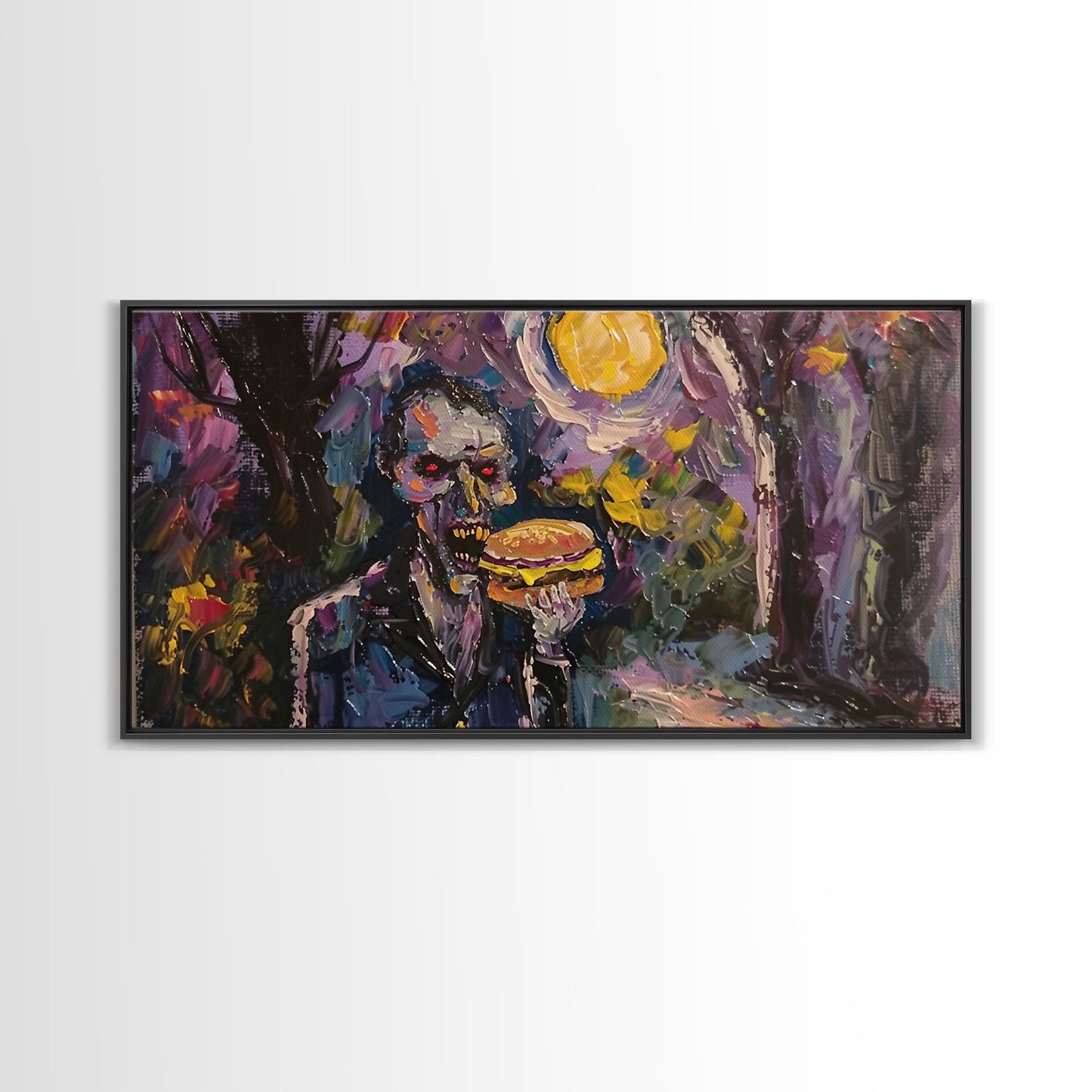 Vampire Having A Cheeseburger, Framed Canvas Print, Funny Halloween Decor