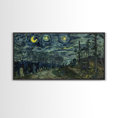 Haunted Graveyard Framed Canvas Print, Starry Night Van Gogh Inspired Halloween Decor, Spooky Vibes Halloween Gift