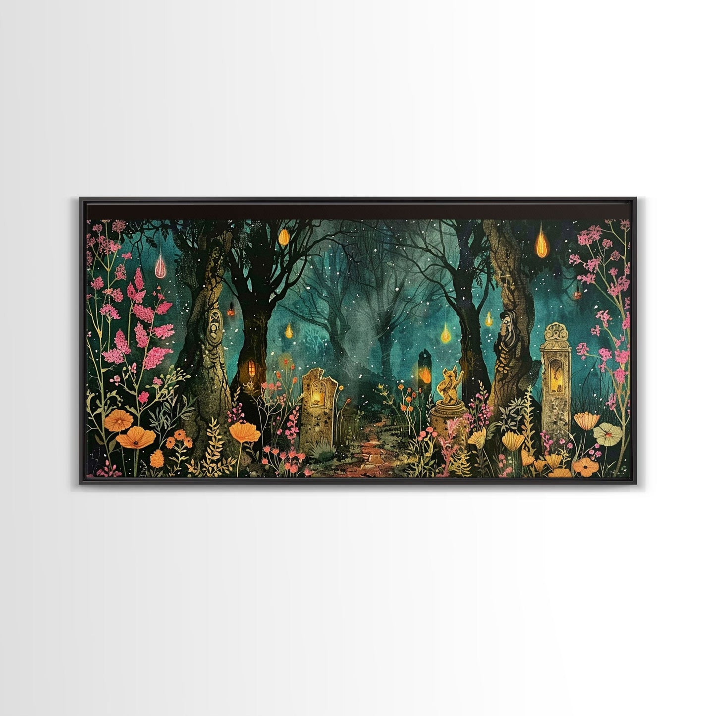 Haunted Cemetery In The Forest Framed Canvas Print, Halloween Decor, Halloween Prop Wall Art