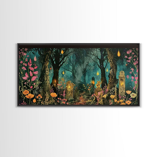 Haunted Cemetery In The Forest Framed Canvas Print, Halloween Decor, Halloween Prop Wall Art