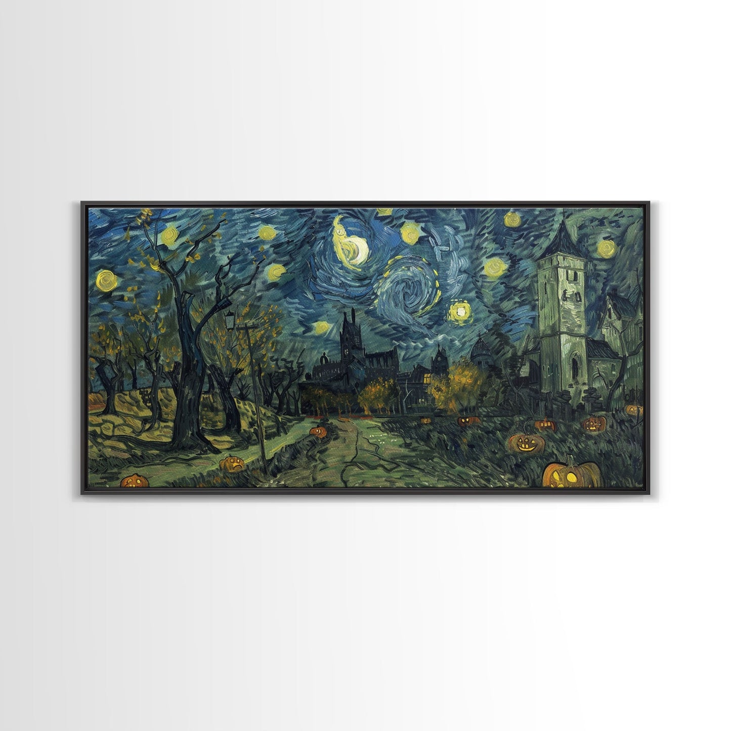 Haunted Halloween Cemetary, Starry Night Inspired Halloween Decor, Framed Canvas Print, Halloween Props