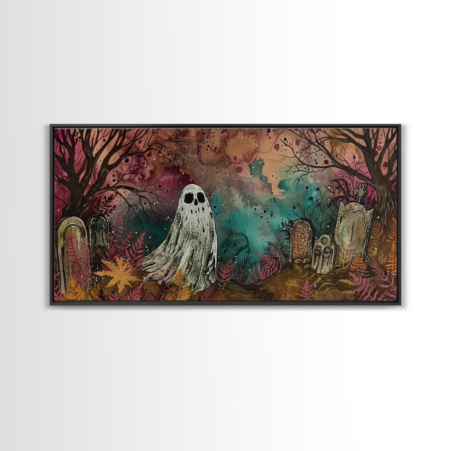 Cute Ghost In The Cemetery, Framed Canvas Print, Halloween Wall Decor, Halloween Trinkets