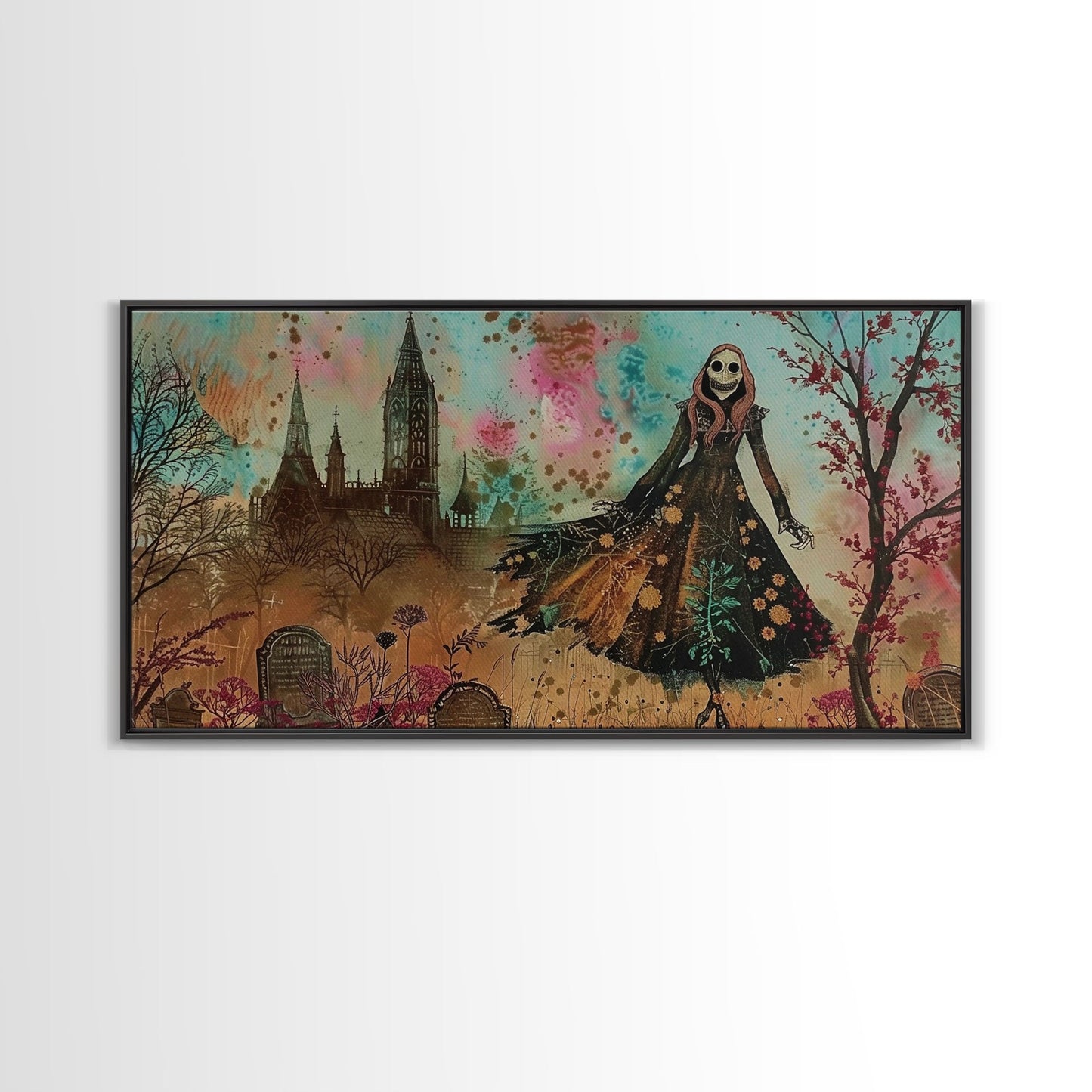 Grinning Banshee In A Cemetery Framed Canvas Print - Spooky Wall Art - Halloween Decor
